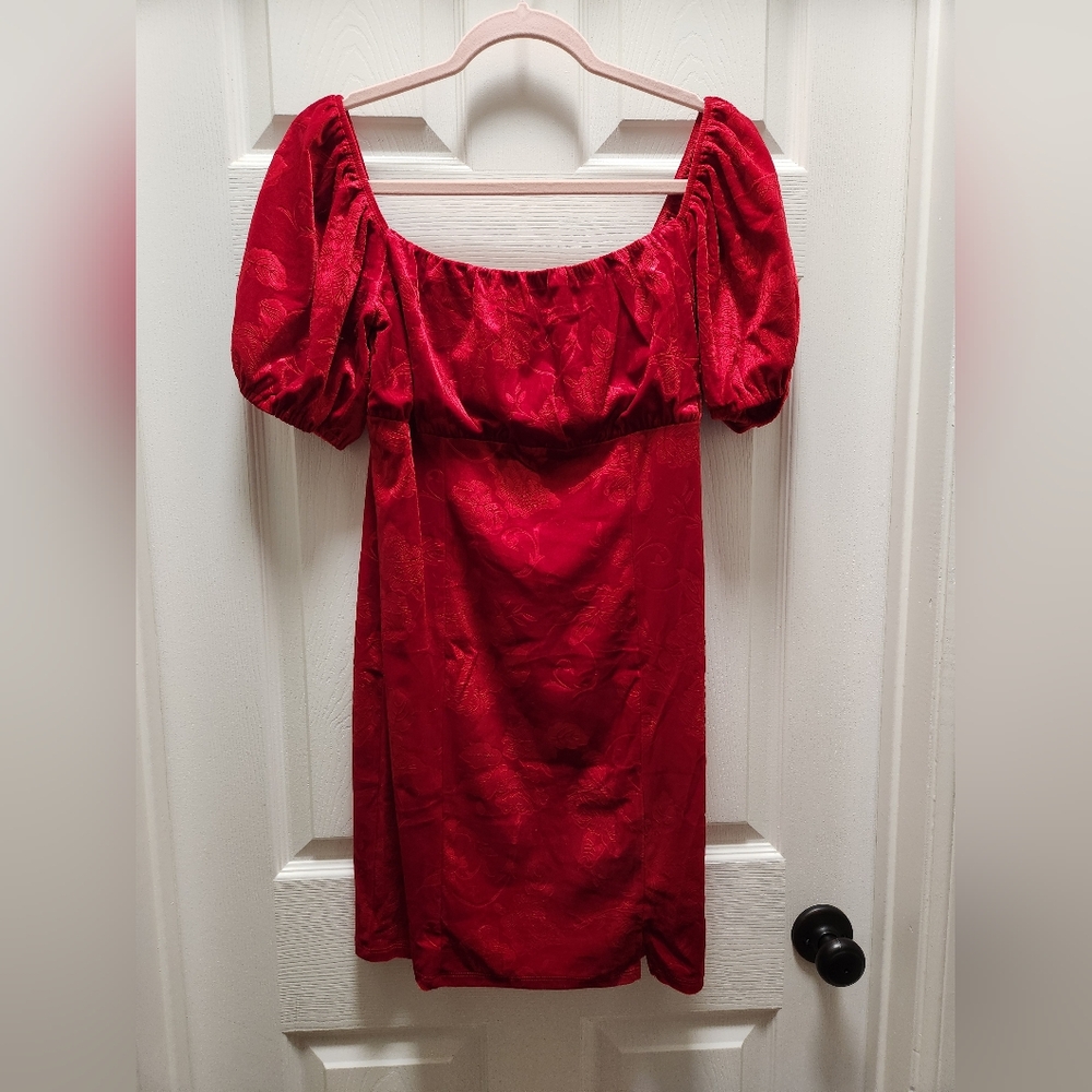 FRANCESCA'S Red Velvet Party Dress! Floral Imprinted Design, Square Neckline!